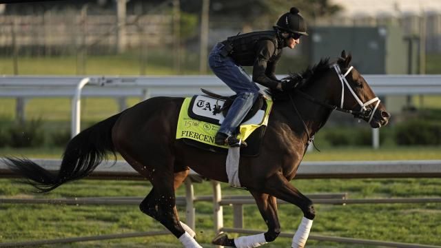 Kentucky Derby hopeful Fierceness works out at Churchill Downs Wednesday, May 1, 2024, in Louisville, Ky. The 150th running of the Kentucky Derby is scheduled for Saturday, May 4. (AP Photo/Charlie Riedel)