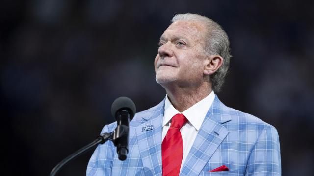 FILE - Indianapolis Colts owner Jim Irsay talks during the Hall of Fame ring ceremony for Peyton Manning and Edgerrin James during an NFL football game, Sept. 19, 2021, in Indianapolis. (AP Photo/Zach Bolinger, File)