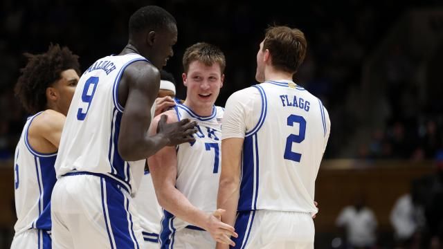 Duke's Kon Knueppel (smiling) during the Blue Devils' 103-47 exhibition win over Arizona State on Sunday, October 27, 2024 at Cameron Indoor Stadium in Durham, NC.  (Photo by Jack Morton)