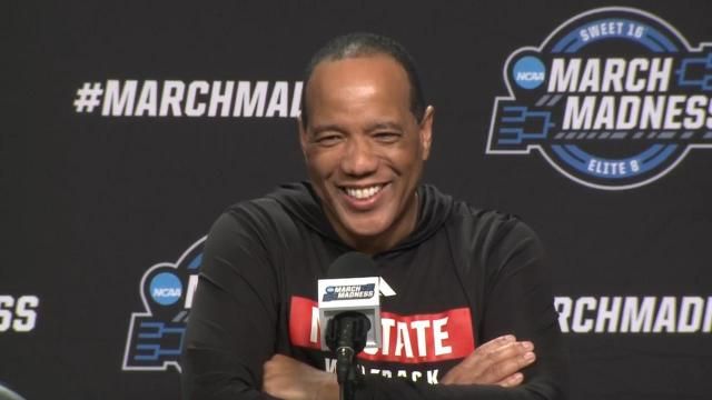 NC State coach Kevin Keatts speaks at a press conference on March 28, 2024 in Dallas, Texas.