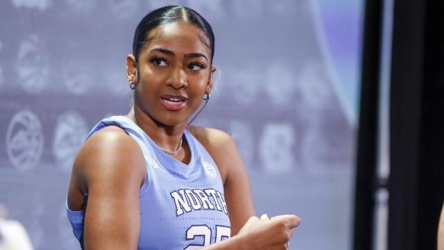 North Carolina guard Deja Kelly answers a question at the 2023 ACC Tipoff in Charlotte, N.C., Tuesday, Oct. 24, 2023. (Photo by Nell Redmond/ACC)