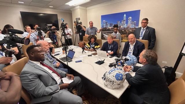 UNC football coach Bill Belichick meets with the media at ACC Kickoff in Charlotte on July 24, 2025.