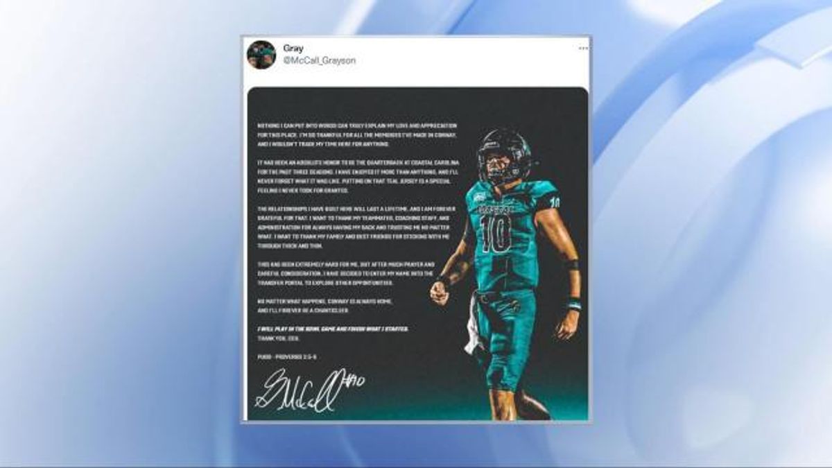 Grayson McCall posted to Twitter that he plans to play for Coastal Carolina on Dec. 27 in the Birmingham Bowl against East Carolina. Photo courtesy of Twitter.