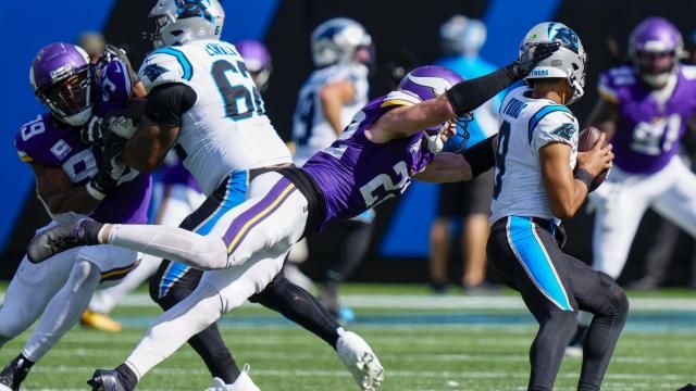 Carolina Panthers quarterback Bryce Young is sacked by Minnesota Vikings safety Harrison Smith during the second half of an NFL football game Sunday, Oct. 1, 2023, in Charlotte, N.C. (AP Photo/Jacob Kupferman)