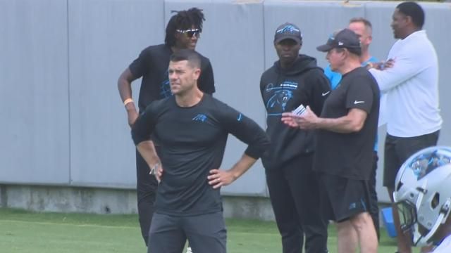 Carolina Panthers coach Dave Canales watches his team during OTAs on Monday, May 20, 2024.