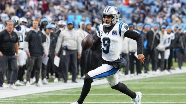Carolina Panthers quarterback Bryce Young runs for a touchdown against the Dallas Cowboys during the second half of an NFL football game, Sunday, Dec. 15, 2024, in Charlotte, N.C. (AP Photo/Jacob Kupferman)