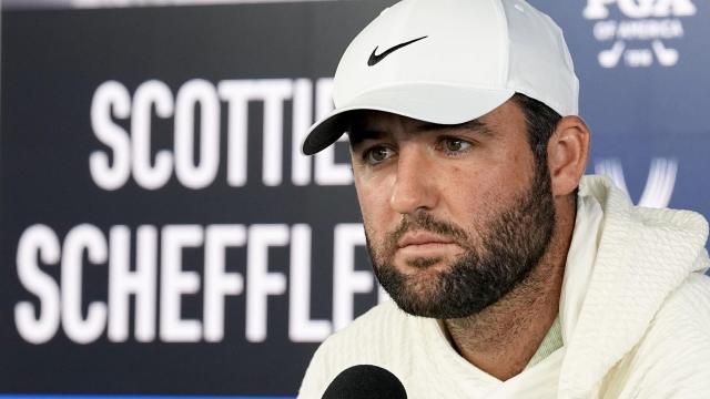 Scottie Scheffler speaks during a news conference during the PGA Championship golf tournament at the Valhalla Golf Club, Tuesday, May 14, 2024, in Louisville, Ky. (AP Photo/Sue Ogrocki)