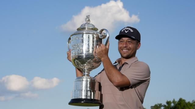 Xander Schauffele holds the Wanamaker trophy after winning the PGA Championship golf tournament at the Valhalla Golf Club, Sunday, May 19, 2024, in Louisville, Ky. (AP Photo/Sue Ogrocki)