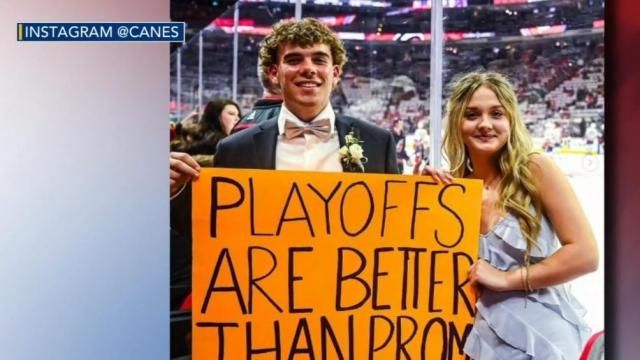 A cute Canes fan couple made Saturday's playoff game and their school's prom in the same night.
