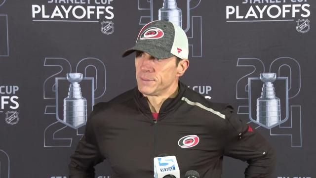 Carolina Hurricanes coach Rod Brind'Amour answers questions at a media availability on May 16, 2024.
