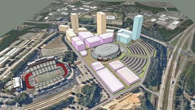 New renderings show what the development around the Lenovo Center could look like in the future. This is a view from the intersection of East Stephen Stroud Way and Peter Karmanos Drive facing west.