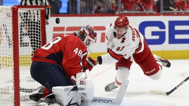 Carolina Hurricanes right wing Andrei Svechnikov (37) shoots the puck against Washington Capitals goaltender Logan Thompson (48) in the second period of Game 2 of a second-round NHL hockey playoff series Thursday, May 8, 2025, in Washington. (AP Photo/Nick Wass)