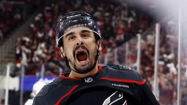 Carolina Hurricanes' Seth Jarvis celebrates after his goal against the Washington Capitals during the second period of Game 4 of a second-round NHL hockey playoff series in Raleigh, N.C., Monday, May 12, 2025. (AP Photo/Karl DeBlaker)