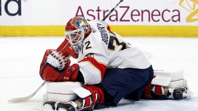 Florida Panthers goaltender Sergei Bobrovsky (72) blocks a shot by the Carolina Hurricanes during the second period of Game 1 of the NHL hockey Stanley Cup Eastern Conference finals in Raleigh, N.C., Tuesday, May 20, 2025. (AP Photo/Karl DeBlaker)